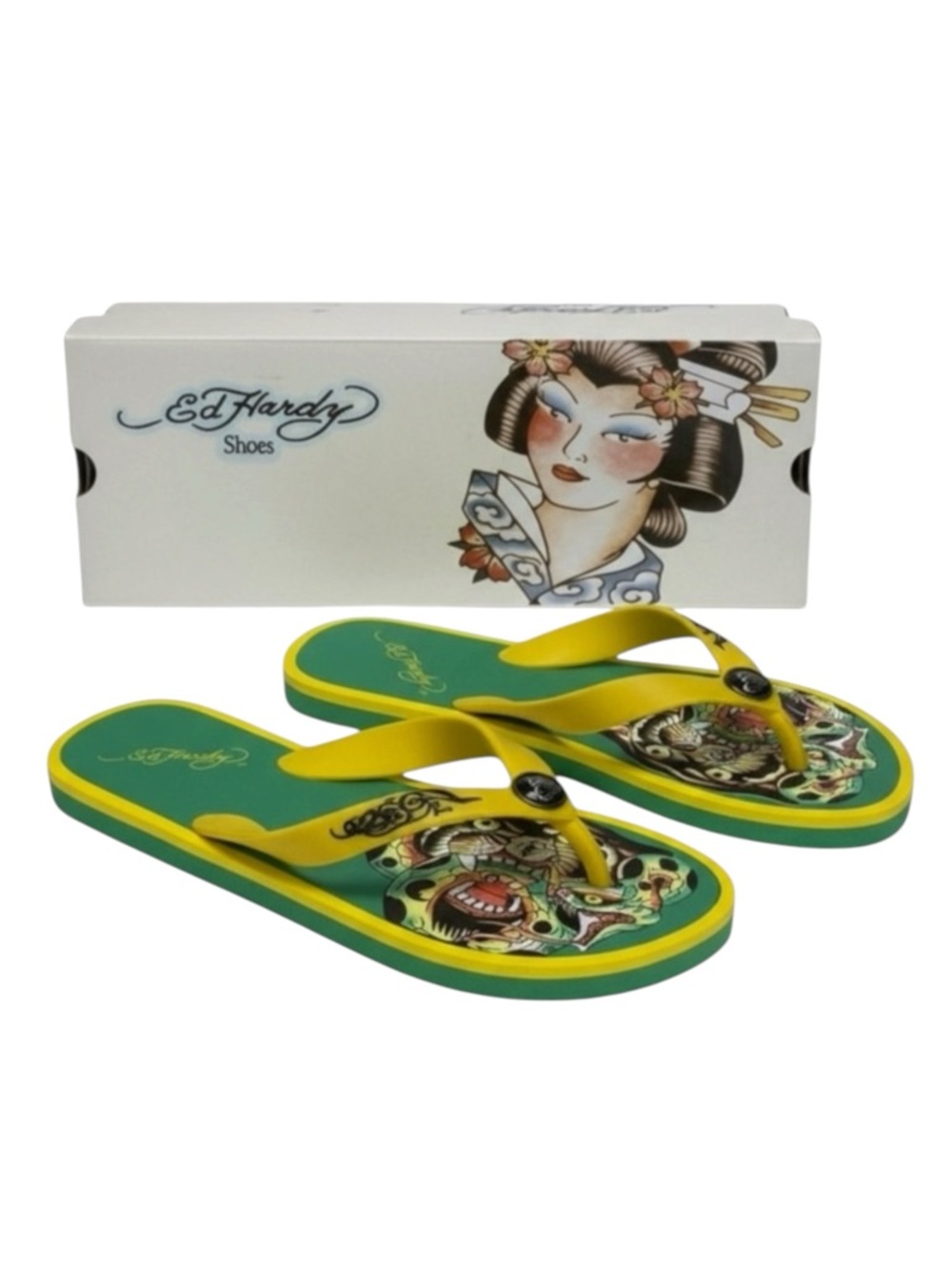 HTF: new OG Ed Hardy ☻ Tattoo Panther Face Flip Flops ☻ Green Yellow ☻ 38 7.5 8